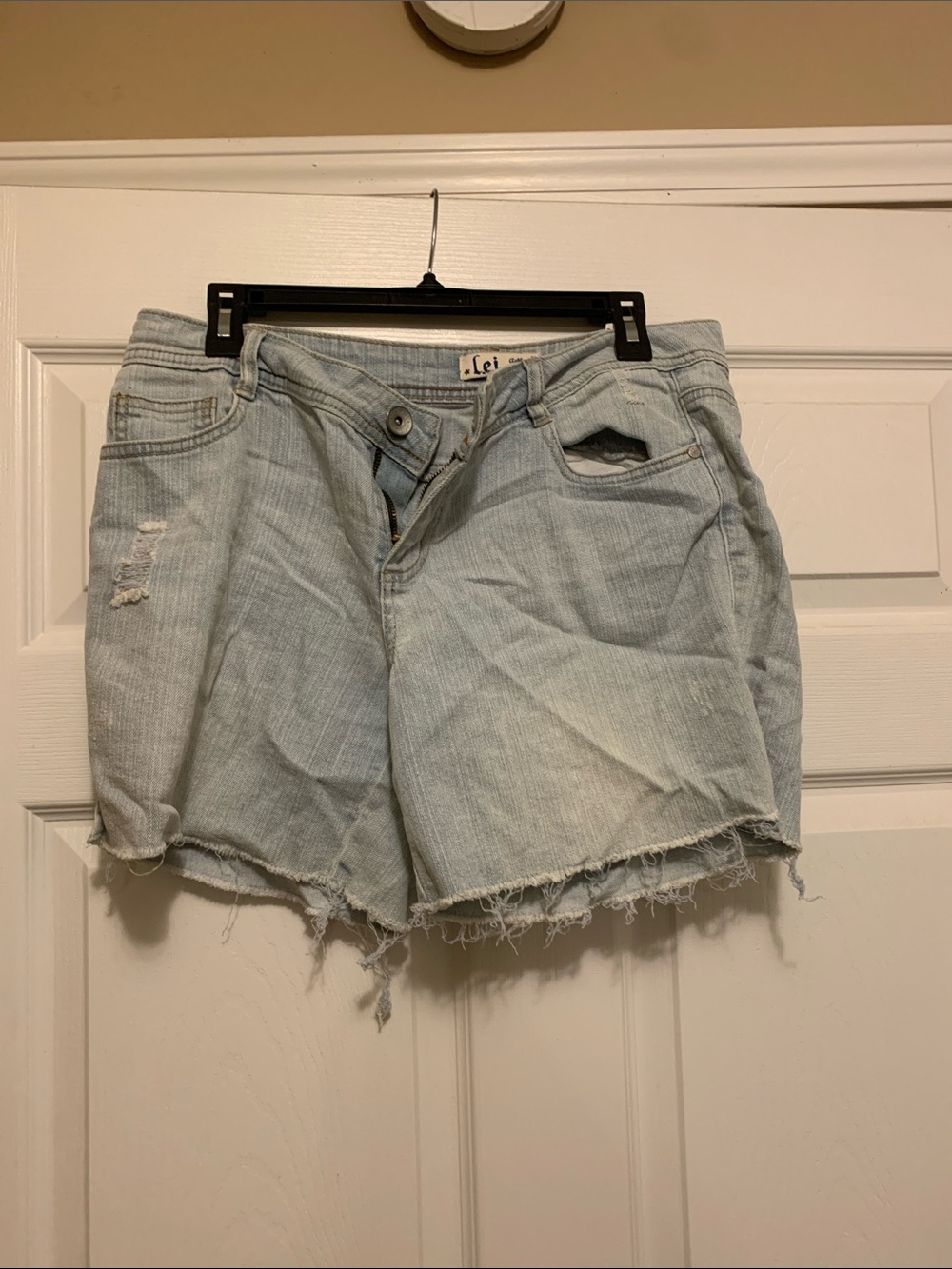 lei Light Blue Distressed Frayed Hem Denim Shorts - Women's